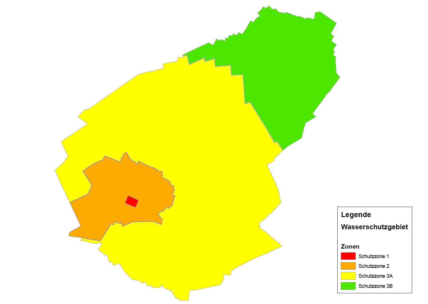 Schemastischer Aufbau eines Wasserschutzgebietes (rot Zone 1, oragnge Zone 2, gelb Zone 3a und Grün Zone 3b)